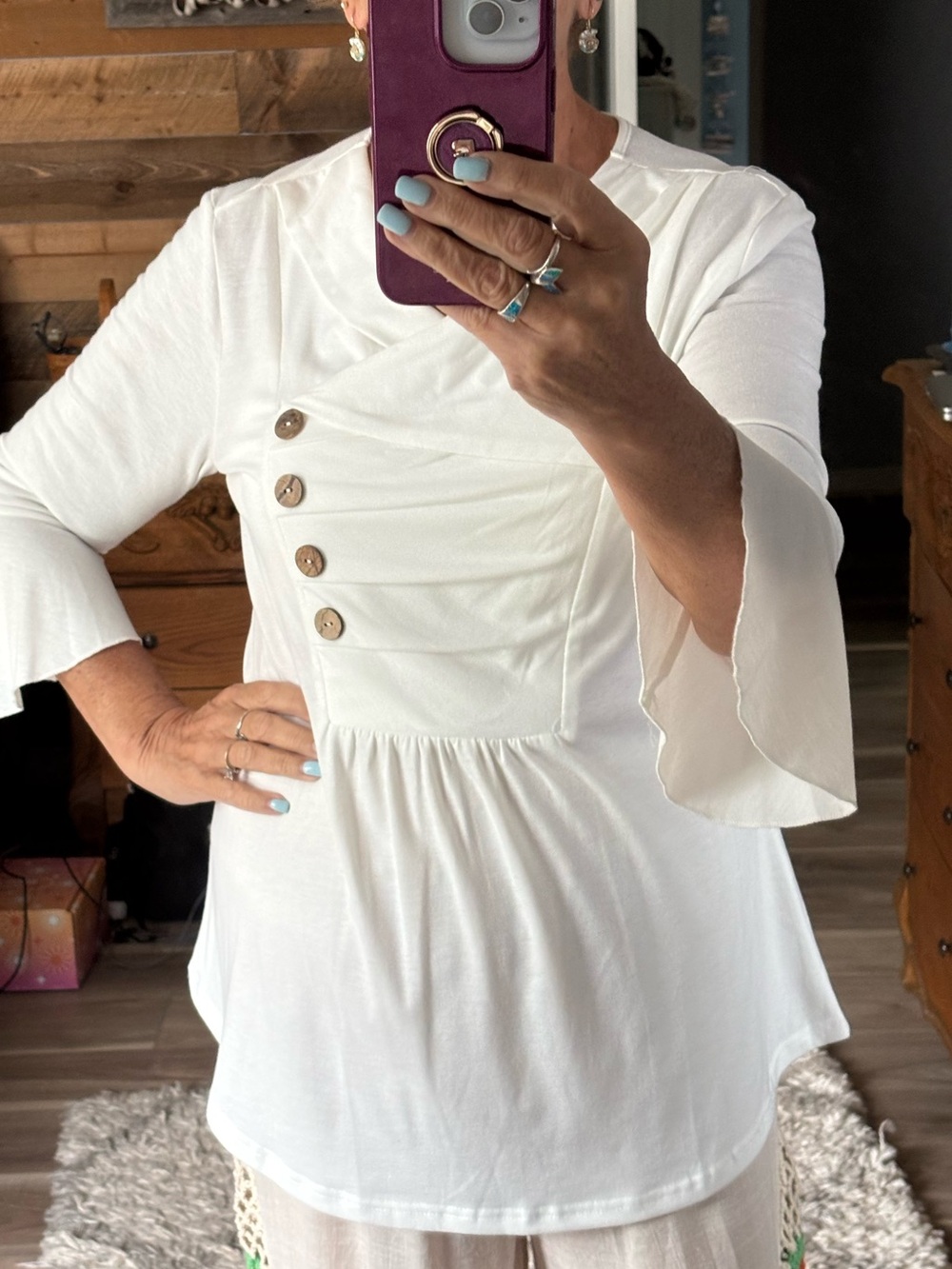 Women's White Button-Accent Scoop Neck Top